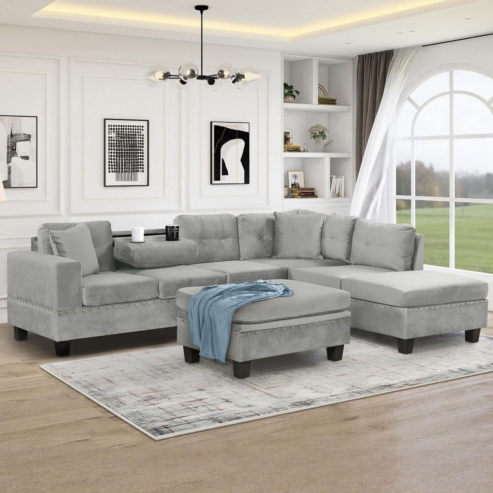 Polibi 105 in. Square Arm Velvet L -Shaped Sofa with Storage