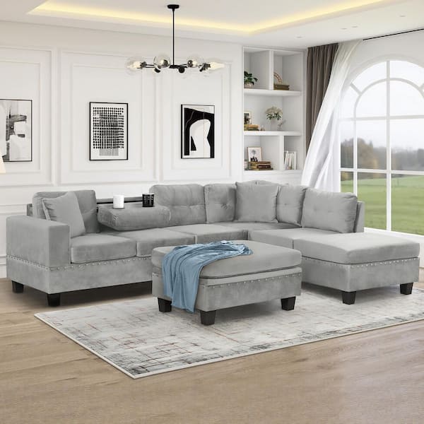 Polibi 105 in. Square Arm Velvet L -Shaped Sofa with Storage Ottoman in Gray