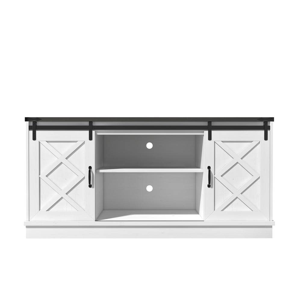 White Farmhouse 58" TV Stand with Sliding Barn Doors
