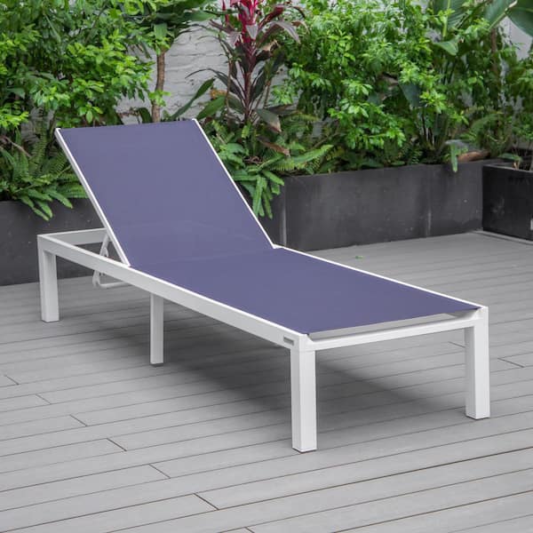 Leisuremod Marlin Outdoor Patio Chaise Lounge Chair in White Aluminum Reclining Backrest Mesh Sling Fabric Seat in Navy Blue