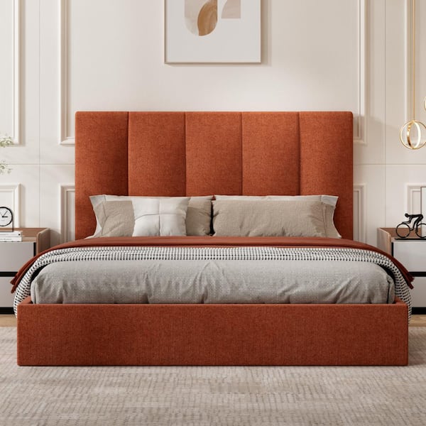 Ahokua Burnt Orange Plywood Frame King Size Linen Upholstered Platform Bed with Lifting Storage