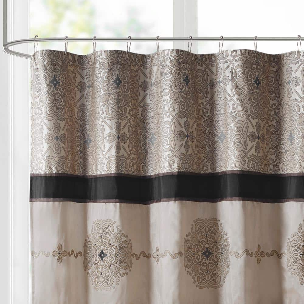 Donovan Black and Beige Embroidered Fabric Shower Curtain