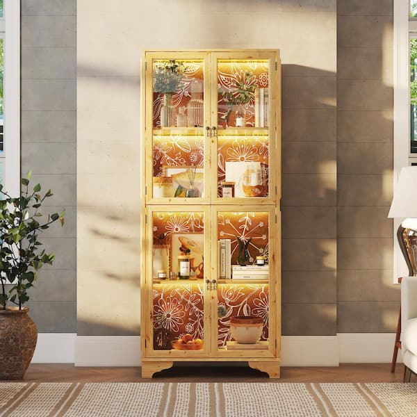 FUFU&GAGA Natural Wood 32.3 in. Display Cabinet with Tempered Glass Doors, LED Lights and Floral Back Panel, Freestanding Cabinet