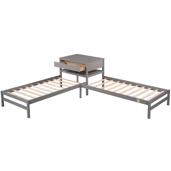 Donason Gray Wood Frame Twin L-Shaped Platform Beds with Drawer and Table