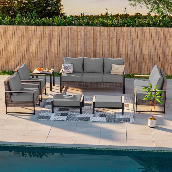 7 Pieces Patio Conversation Set with Side Table and Ottomans All-Weather Gray PE Wicker Chair with Gray Cushion