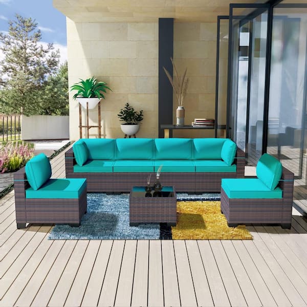 Halmuz 7-Piece Wicker Outdoor Sectional Set with Cushion Blue