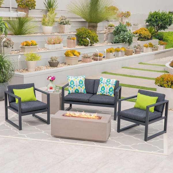 Noble House Camiguin Dark Gray 5-Piece Aluminum Patio Fire Pit Conversation Set with Dark Gray Cushions