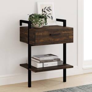 Jenny Rustic Wall Mount Nightstand with Drawer and Storage Shelf, Nutmeg Wood and Black Metal Frame