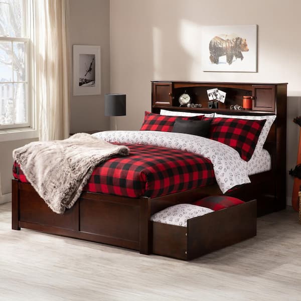 Newport Walnut Full Platform Bed with Flat Panel Foot Board and 2-Urban Bed Drawers