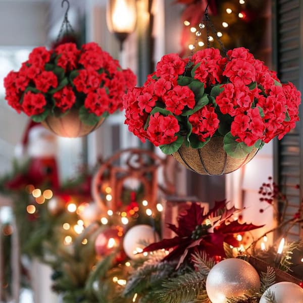 13 in. Red Indoor/Outdoor Artificial Geranium Flower Bundles 12