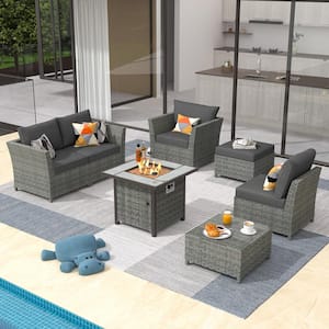 Fontainebleau Gray 7-Piece Wicker Outerdoor Patio Fire Pit Set with Black Cushions