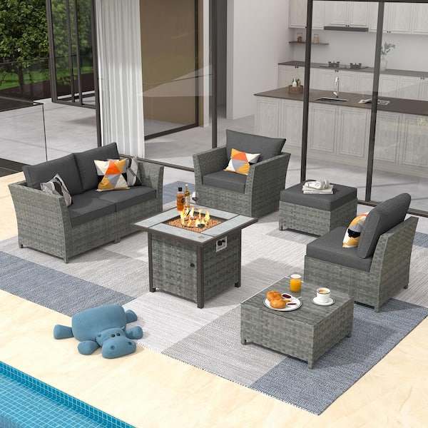 XIZZI Fontainebleau Gray 7-Piece Wicker Outerdoor Patio Fire Pit Set with Black Cushions