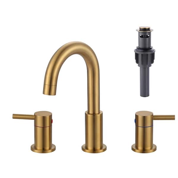 IVIGA 8 in. Widespread Double Handle Bathroom Faucet with Swivel Spout, 2 Aerators, Pop-Up Drain and Supply Lines in Gold