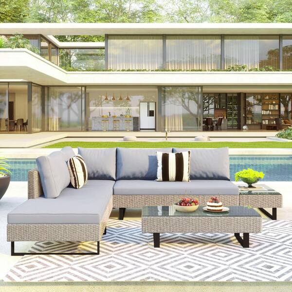 Tunearary 3 of Pieces Wicker Metal Outdoor Patio Furniture Sectional Sofa Set with Cushion