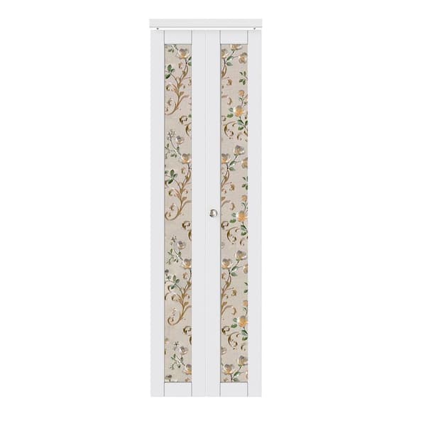 ARK DESIGN 24 in. x 80 in. 1-Lite Frosted Glass Solid Core MDF White Finished Closet Bifold Door with Peony Sticker and Hardware