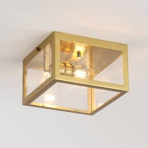 Eleanor 8 in. 1-Light Farmhouse Industrial Square Iron/Glass Case LED Flush Mount, Brass Gold