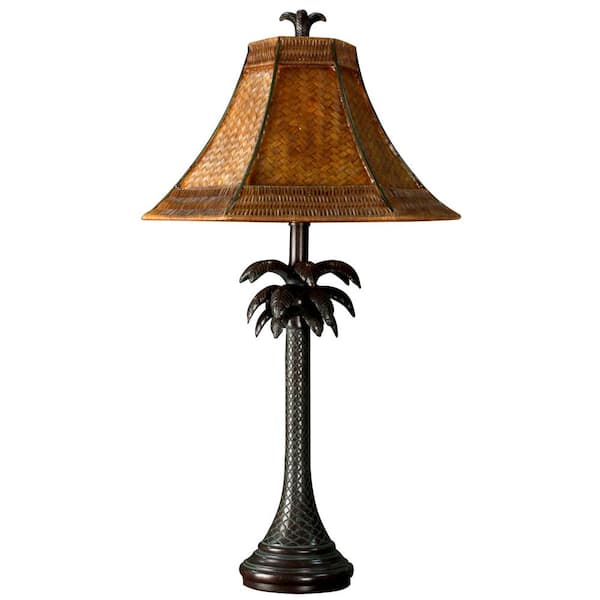 StyleCraft 26 in. Dark Brown Table Lamp with Brown Woven Rattan Shade