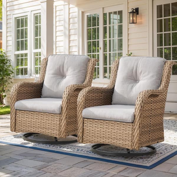 moosprr Yellow Swivel Wicker Outdoor Lounge Chair with Beige Cushions and Glide Function (2-Pack)