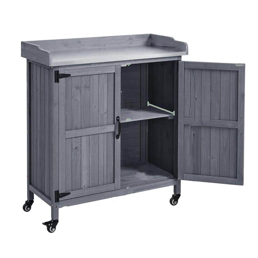 Garden Potting Bench with Storage and Metal-Plated Top : Wooden Horticultural Worktable (Gray) price history on PriceWatchPro