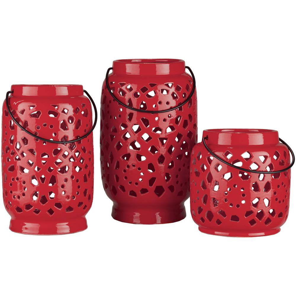 Kimba 11" Red Ceramic Decorative Lantern with Cut-Out Design