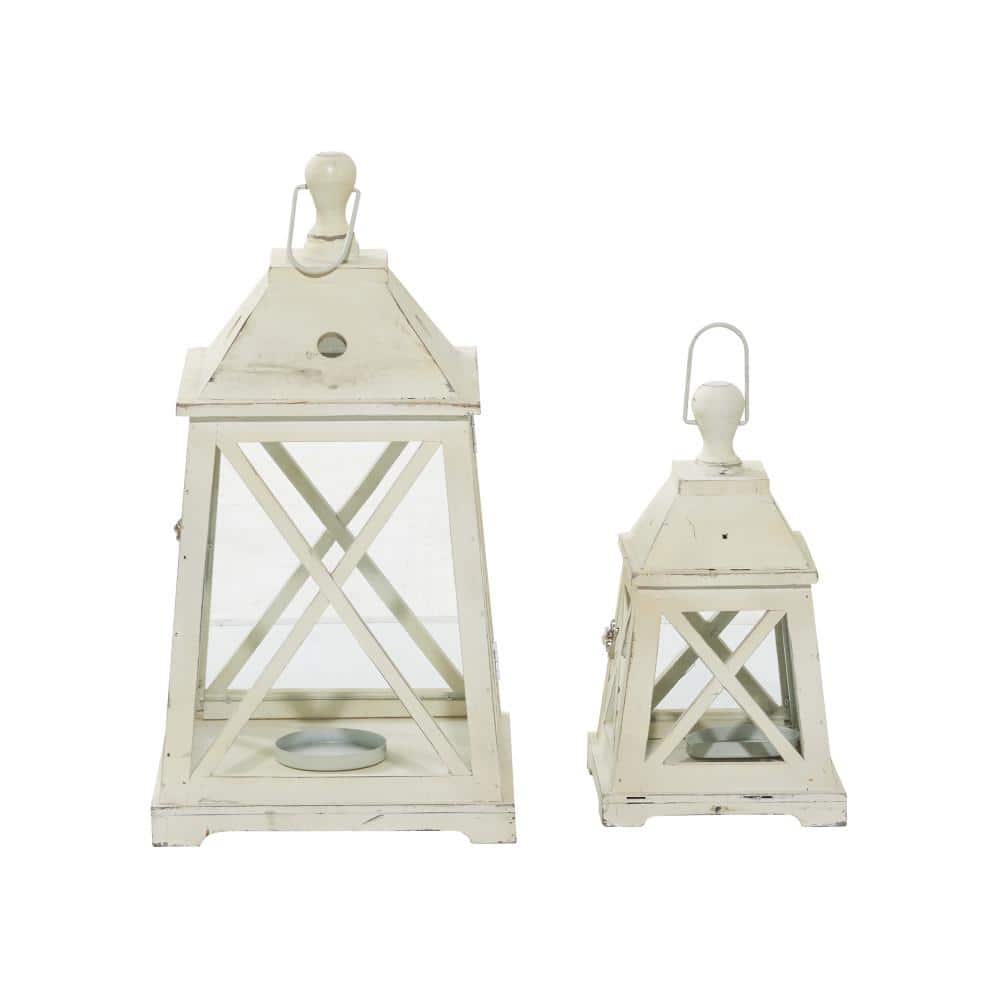 Set of 2 White Wood and Glass Hanging Candle Lanterns