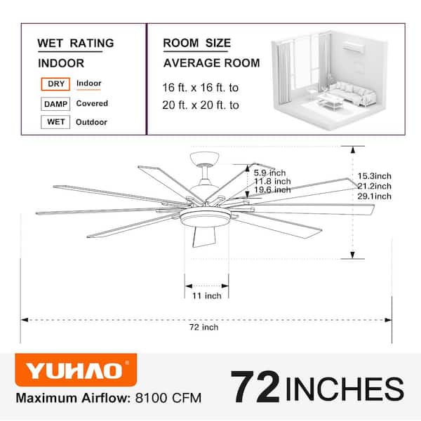 YUHAO Seraphina 72 in. Indoor Brushed Nickel Smart Ceiling Fan 