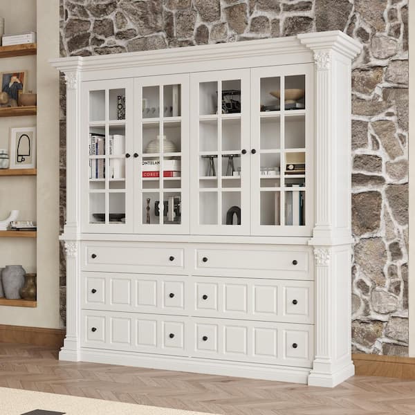 White Finished Wood Sideboard, Buffet, Accent Storage Cabinet, Bookcase with 4-Glass Doors, 6-Shelves and 6-Drawers