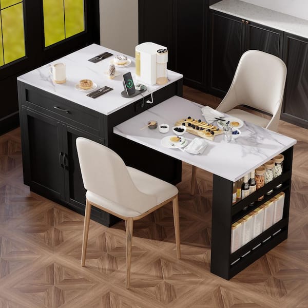 Xspracer Oasis Black Wood 82.7 in. Kitchen Island with Extendable Dining Table for 4-6 Person, 2-tone Kitchen Table