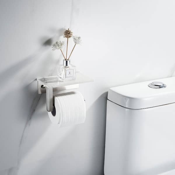 Wall Mount Toilet Paper Holder Bath Hardware Accessory with Natural Marble Shelf Tissue Storage Holder in Brushed Nickel