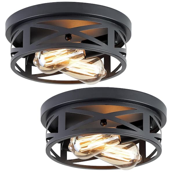 10.8 in. 2-lights Matte Black Flush Mount Ceiling Light Fixtures With Cage-style Cross Metal Frame(2-Pack)
