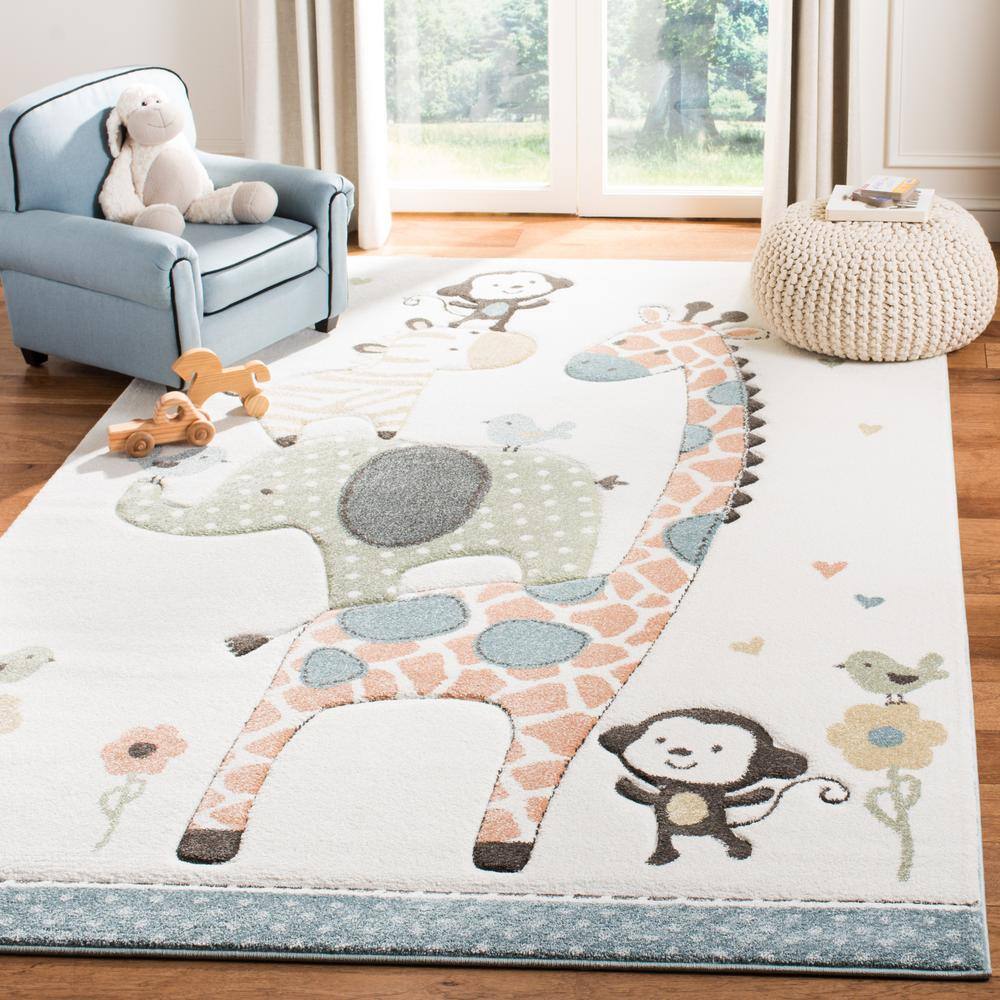 Ivory Animal Design Square Kids Area Rug, 4' x 4'