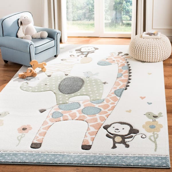Carousel Kids Ivory 8 ft. x 8 ft. Square Animal Print Area Rug