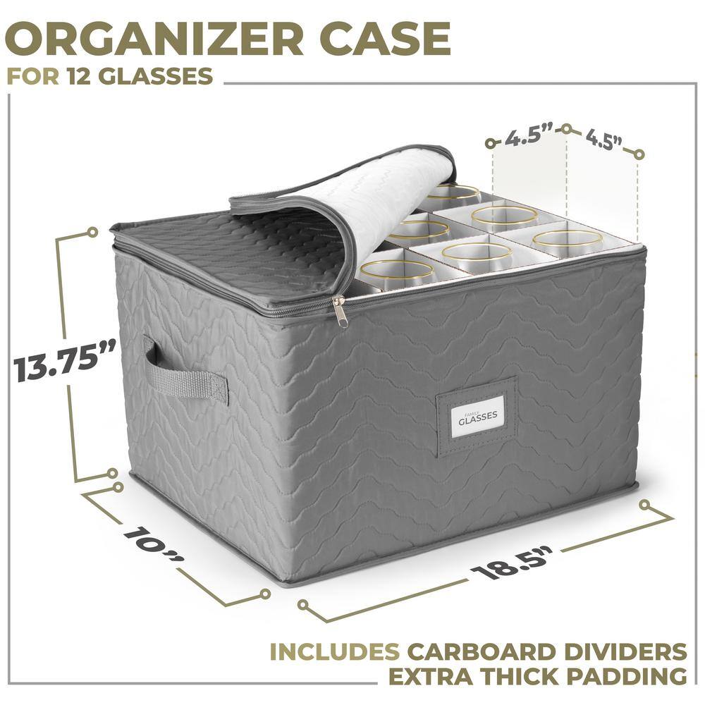 Gray Quilted Fabric Stemware Storage Box with Dividers