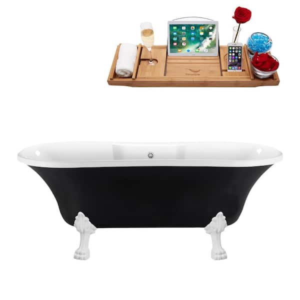Streamline 68 in. Acrylic Clawfoot Non-Whirlpool Bathtub in Glossy Black With Glossy White Clawfeet And Glossy White Drain