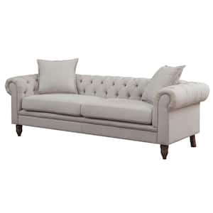 Juliet 85 in. Beige Linen 3-Seater Chesterfield Sofa with Round Arms