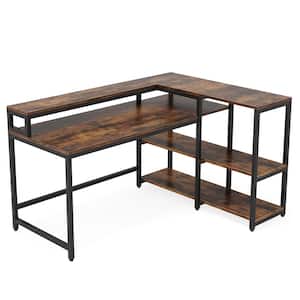 Halseey 55 in. W L-Shaped Brown Corner Computer Desk Writing Studying Reading Desk 2-Tier Storage Shelves Monitor Stand