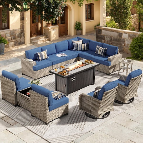 Tiberte Gray 13-Piece Wicker Patio 54 in. Rectangle Fire Pit Conversation Set with Denim Blue Cushions and Swivel Chairs