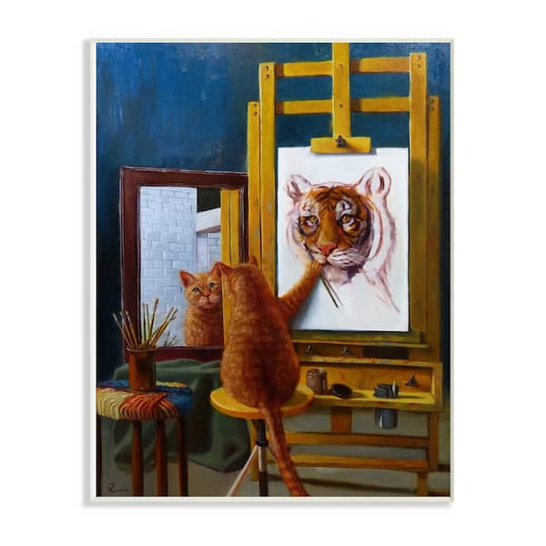 12.5 in. x 18.5 in. "Cat Confidence Self Portrait as a Tiger Funny Painting" by Artist Lucia Heffernan Wood Wall Art