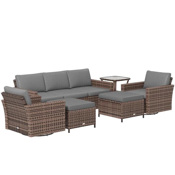 Outsunny 6-Piece Wicker Patio Conversation Set with Mixed-Brown Cushions