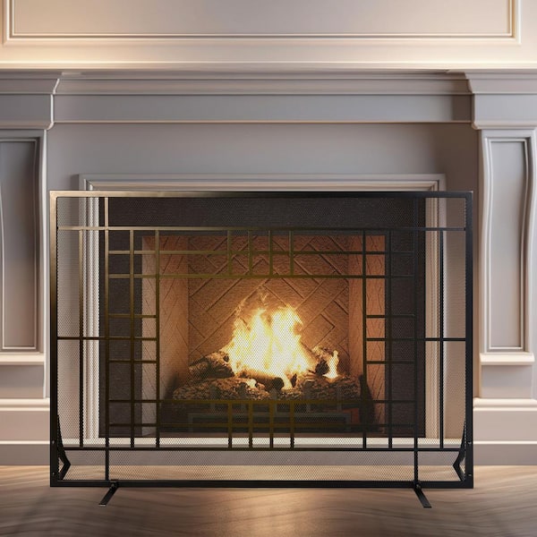Modern Single-Panel Iron Fireplace Screen, Black