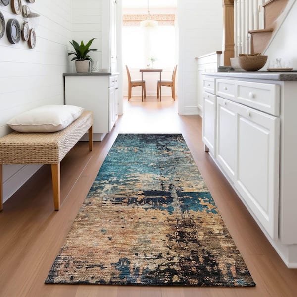 Mayfield Premium Machine Washable Abstract AMF1206 Teal 2 ft. 3 in. x 7 ft. 6 in. Runner Rug