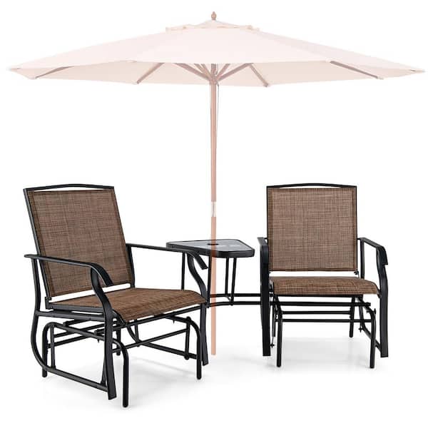 ANGELES HOME 2-Seat Metal Glider Rocker Chair set with Corner Table, Umbrella Hole, Brown