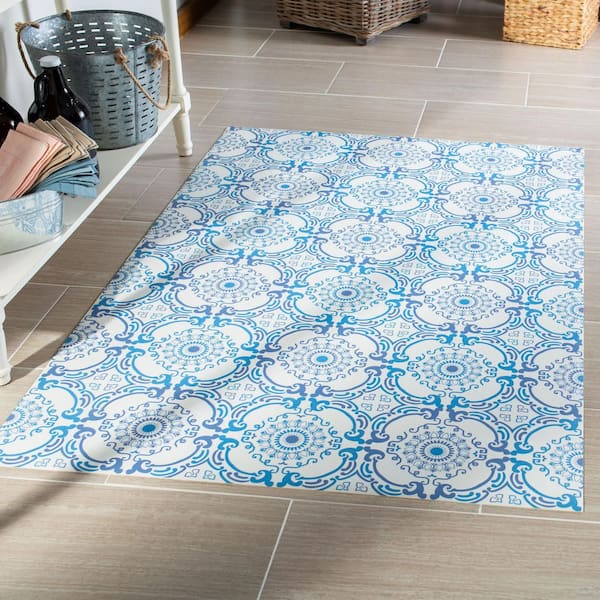 Vinyl Floor 3 ft. x 5 ft. Blue/Ivory Geometric Floral Area Rug