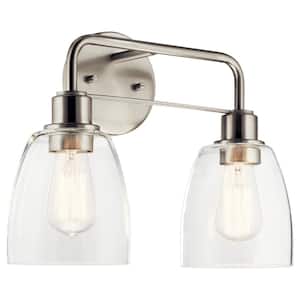 Meller 15.25 in. 2-Light Brushed Nickel Vintage Bathroom Vanity Light with Clear Glass