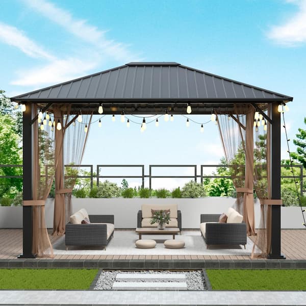 Mondawe 12 ft. x 10 ft. Outdoor Patio Galvanized Steel Hardtop Gazebo Mosquito Netting and Brown Curtains