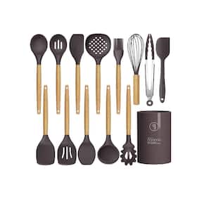 14-Piece Silicon Cooking Utensils Set with Wooden Handles and Holder for Non-Stick Cookware, Coffee