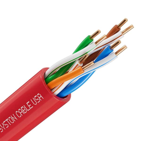 Syston Cable Technology 20 ft. Red CMP-Plenum Cat 5e 350MHz 24AWG Solid Bare Copper Ethernet Network Wire Cable Bulk No Ends POE Camera Computer
