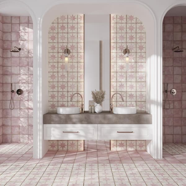 Faenza 8 in. x 8 in. Matte White Pink Porcelain Square Motif Tile (6.46 sq ft/case)-15 Pack