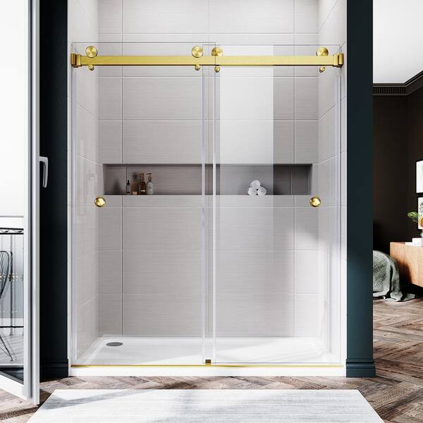 UNIKOO UKD01 56 to 60 in. W x 72 in. H Double Sliding Frameless Shower Door in Satin Brass, Enduro Shield 3/8 in. Clear Glass