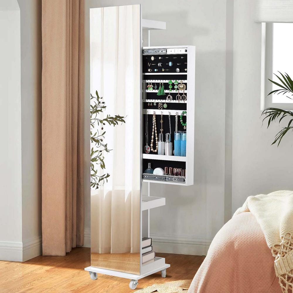 White 15.7 in. W x 65.9 in. H 360° Swivel Mirrored Jewelry Cabinet, Mirror